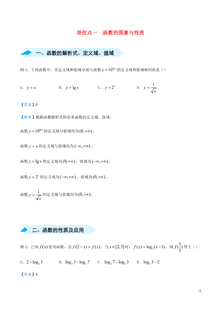 2020屆高考數(shù)學(xué) 專題一 函數(shù)的圖象與性質(zhì)精準(zhǔn)培優(yōu)專練 文_第1頁