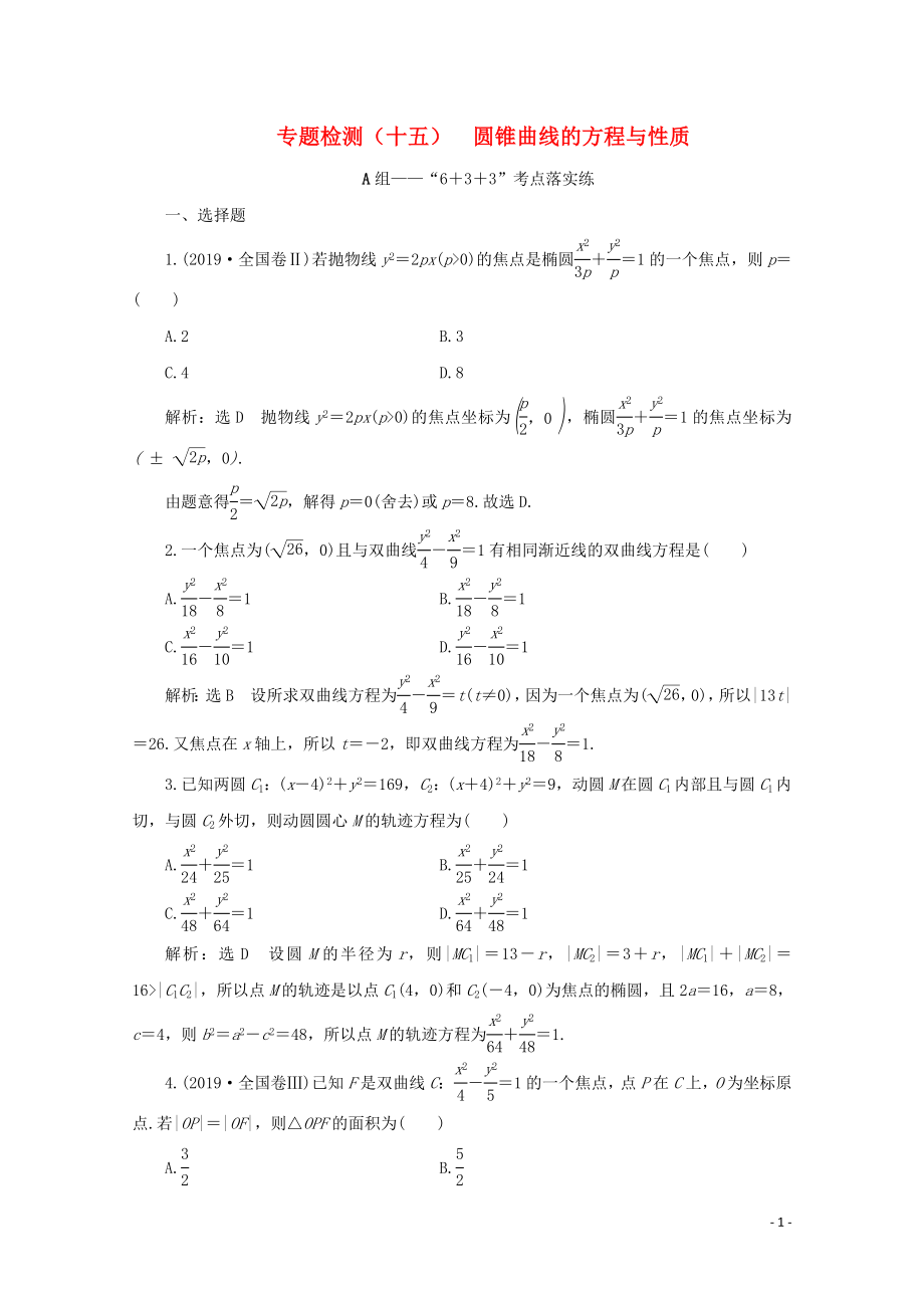 （全國(guó)通用）2020版高考數(shù)學(xué)二輪復(fù)習(xí) 第四層熱身篇 專題檢測(cè)（十五）圓錐曲線的方程與性質(zhì)_第1頁(yè)