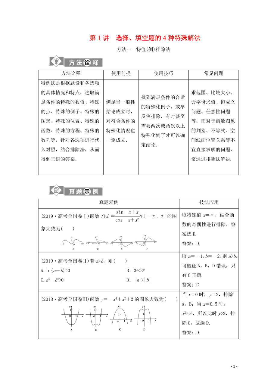 （京津魯瓊專用）2020版高考數(shù)學二輪復習 第一部分 基礎考點 自主練透 第1講 選擇、填空題的4種特殊解法練習（含解析）_第1頁