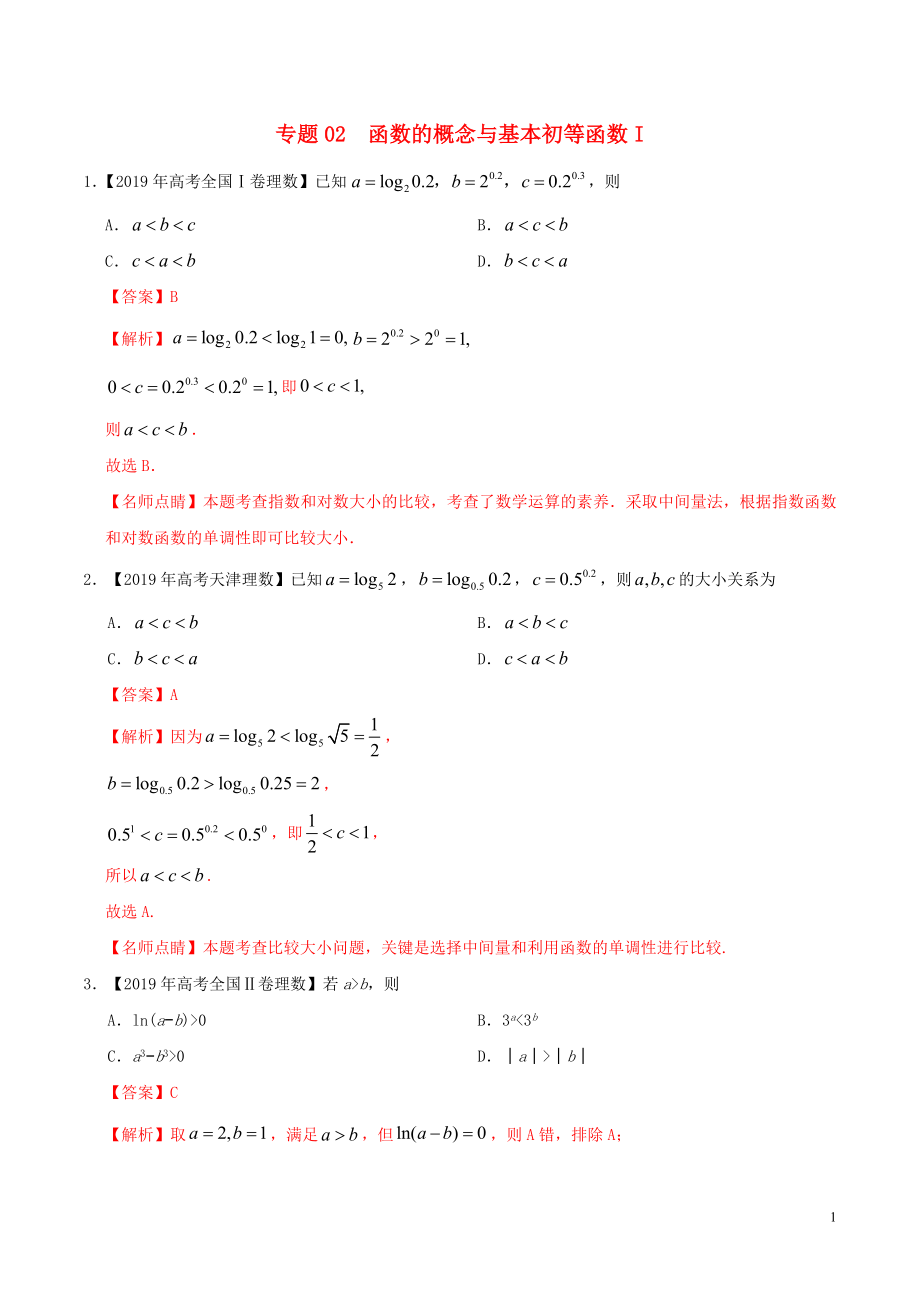 2019年高考數(shù)學(xué) 高考題和高考模擬題分項(xiàng)版匯編 專(zhuān)題02 函數(shù)的概念與基本初等函數(shù)Ⅰ理（含解析）_第1頁(yè)