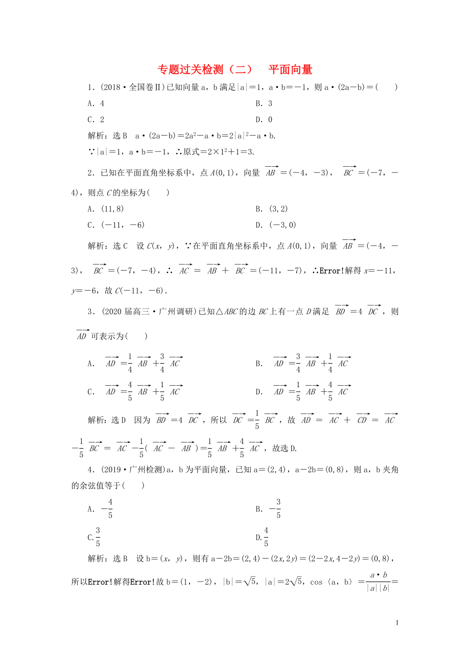 （新高考）2020版高考數(shù)學(xué)二輪復(fù)習(xí) 專題過關(guān)檢測（二）平面向量 文_第1頁