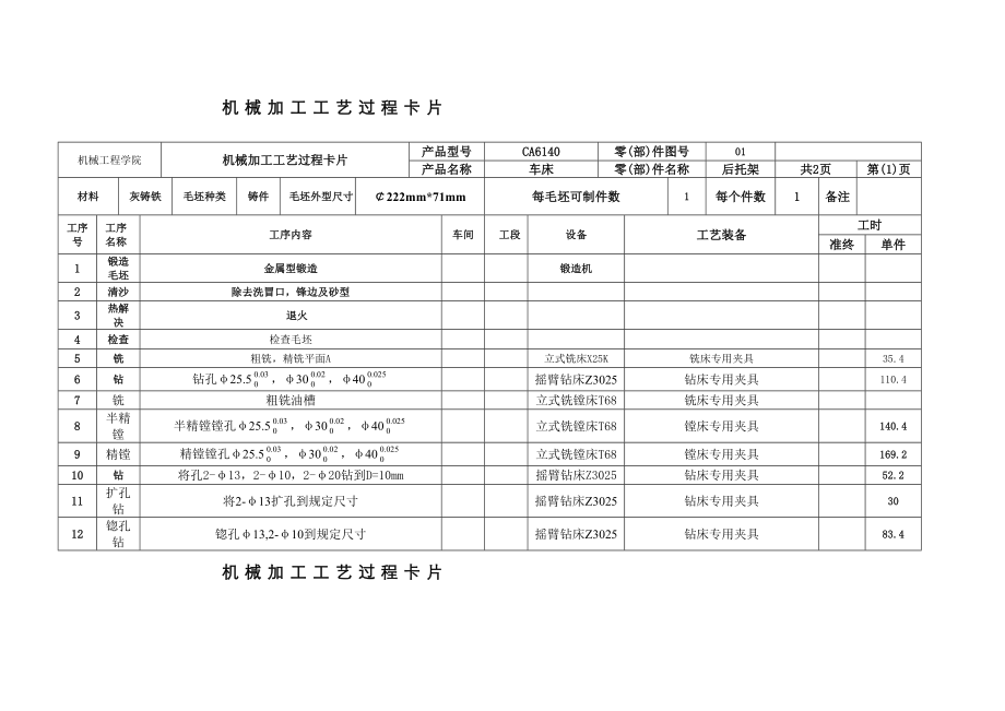 CA6140车床后托架标准工艺加工卡片以及过程卡片_第1页