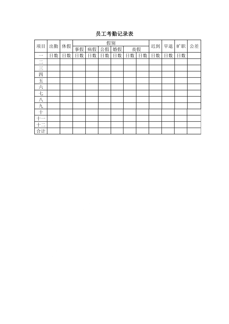 人力資源管理資料大全 人事經(jīng)理參考手冊 員工考勤記錄表_第1頁