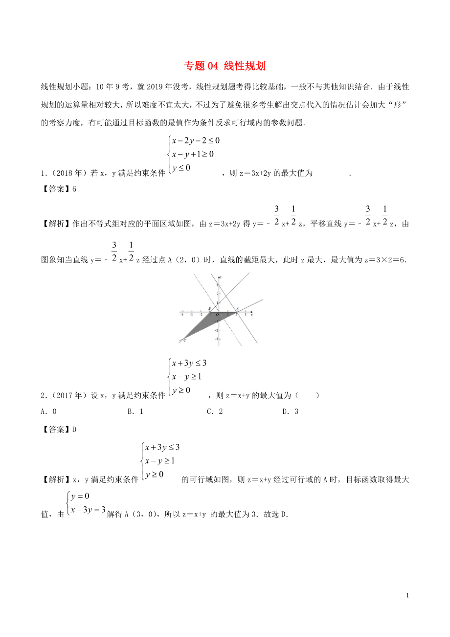 （新課標(biāo) 全國(guó)I卷）2010-2019學(xué)年高考數(shù)學(xué) 真題分類匯編 專題04 線性規(guī)劃 文（含解析）_第1頁(yè)