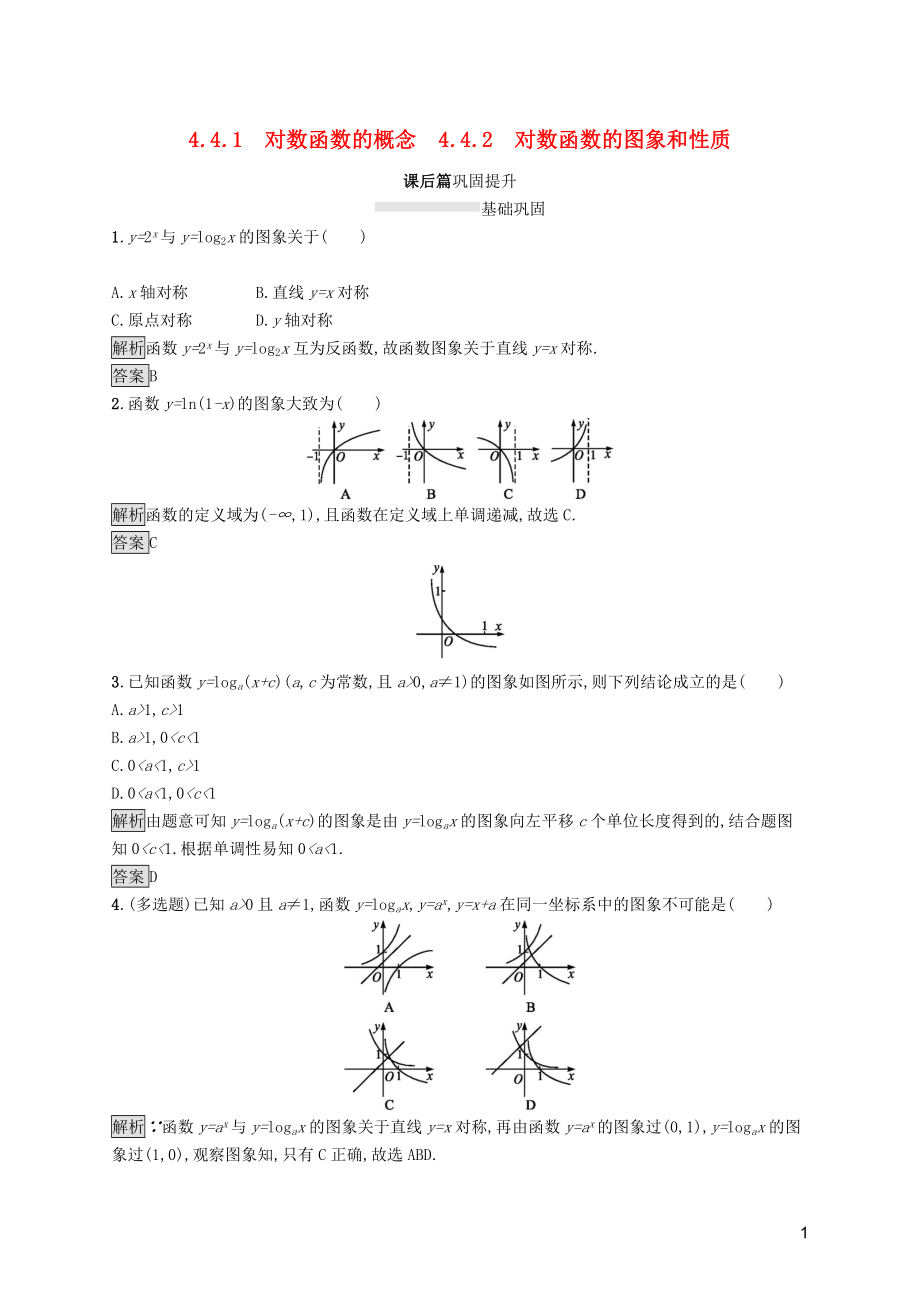 2019-2020學(xué)年高中數(shù)學(xué) 第四章 指數(shù)函數(shù)與對數(shù)函數(shù) 4.4.1 對數(shù)函數(shù)的概念 4.4.2 對數(shù)函數(shù)的圖象和性質(zhì)課后篇鞏固提升（含解析）新人教A版必修1_第1頁