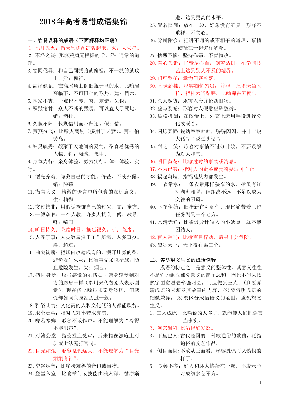 2018高考易错成语集锦(分类整理版)_第1页