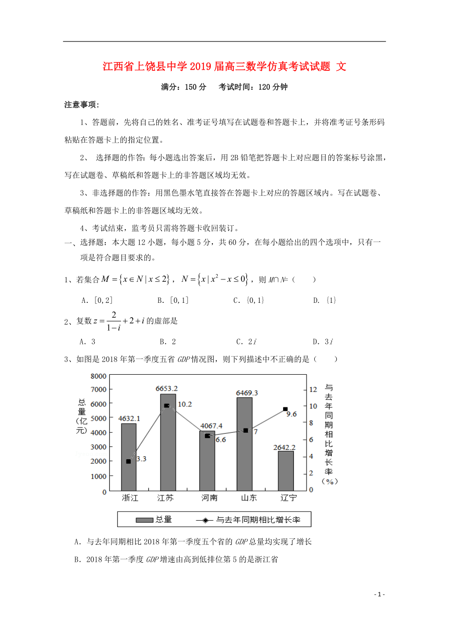 江西省上饶县中学2019届高三数学仿真考试试题 文_第1页