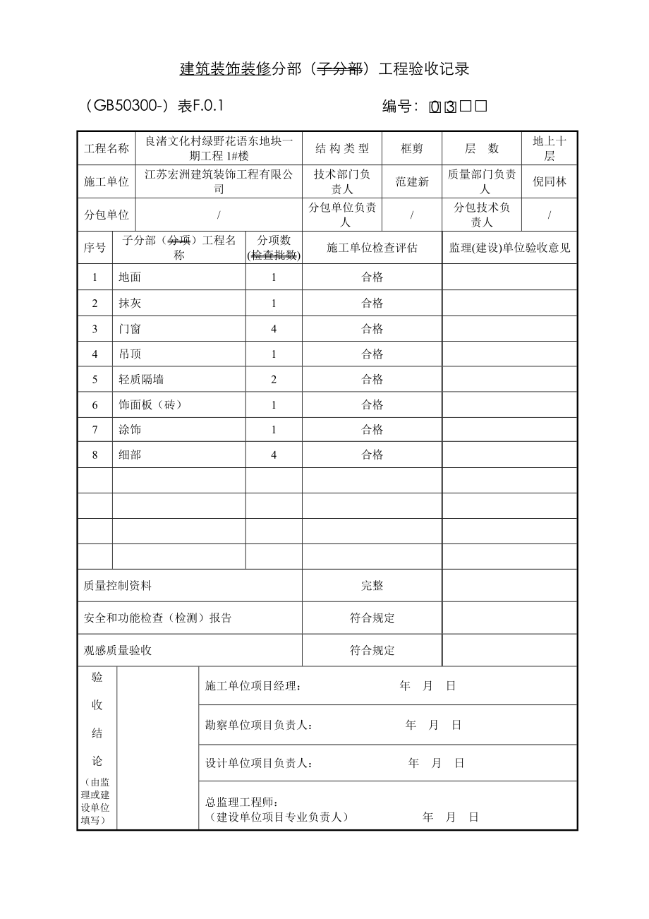 装修分部工程验收记录表_第1页