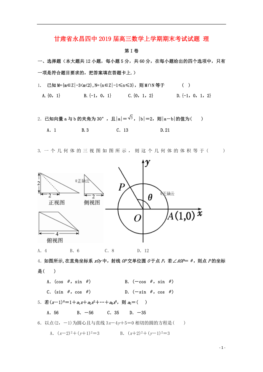 甘肃省永昌四中2019届高三数学上学期期末考试试题 理_第1页