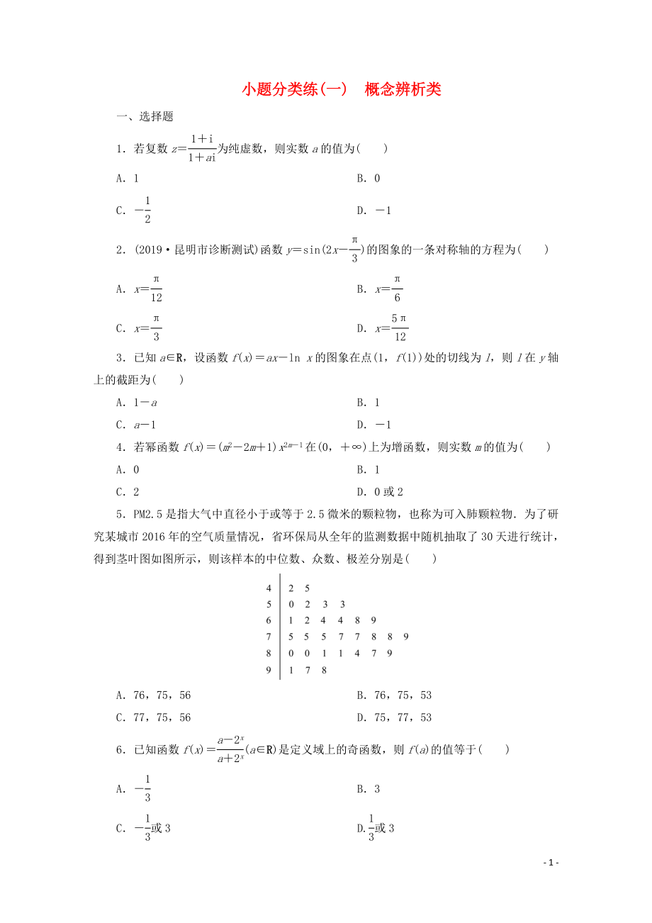 （京津魯瓊專用）2020版高考數(shù)學二輪復習 第一部分 小題分類練 小題分類練（一） 概念辨析類（含解析）_第1頁