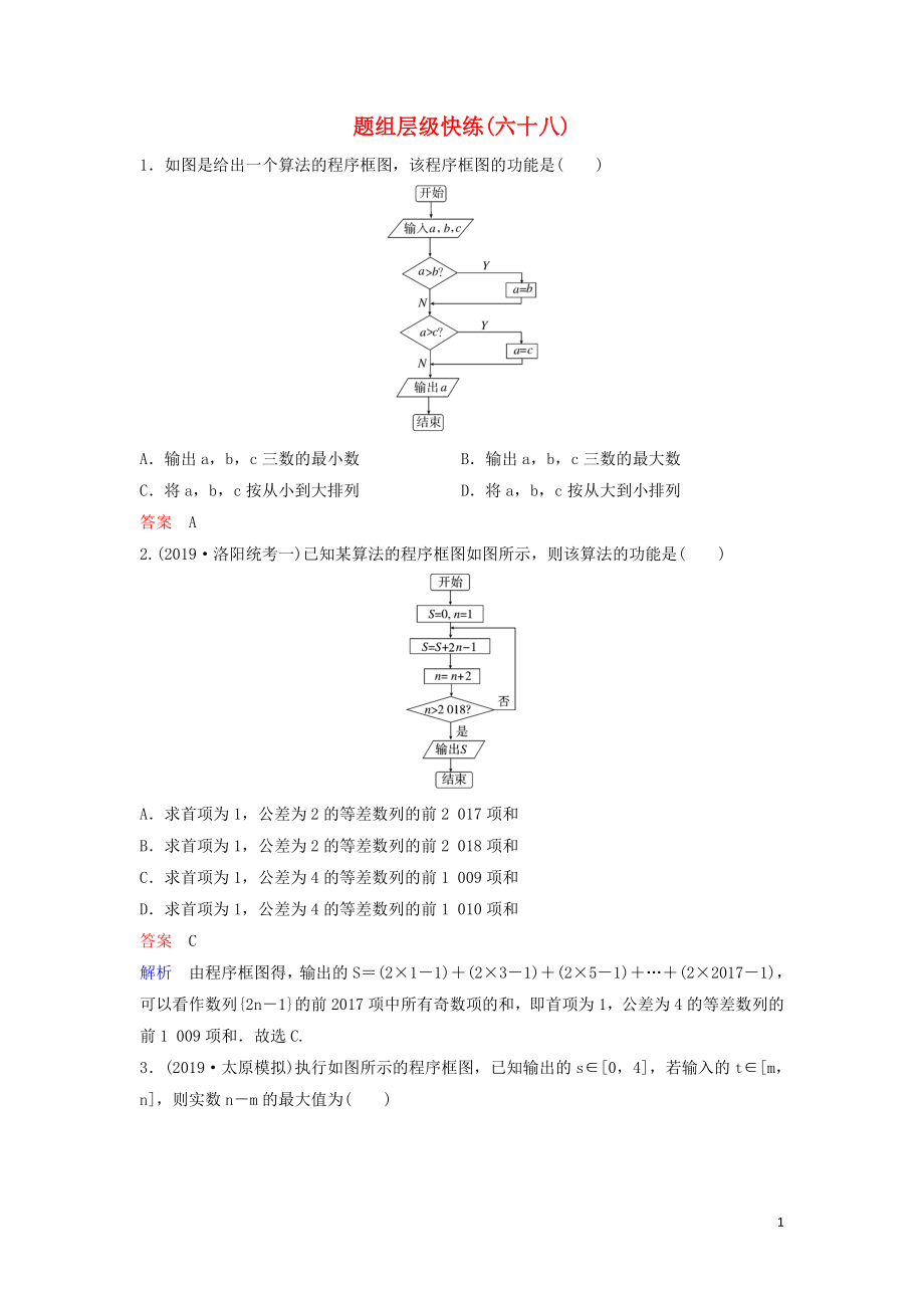 （新課標(biāo)）2020高考數(shù)學(xué)大一輪復(fù)習(xí) 第十章 算法初步與統(tǒng)計(jì) 題組層級快練68 算法與程序框圖 文（含解析）_第1頁