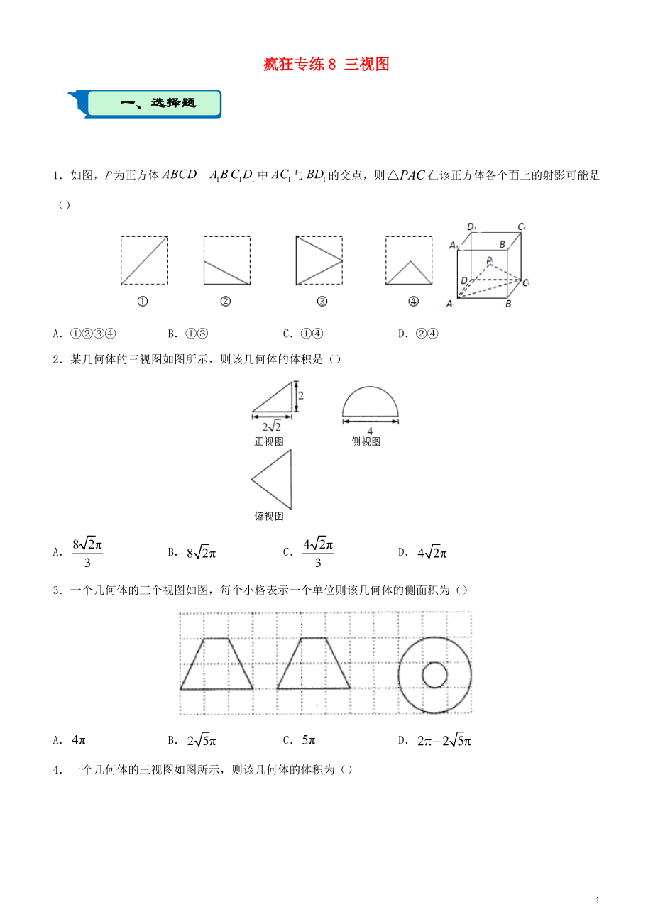 2020屆高考數(shù)學(xué)二輪復(fù)習(xí) 瘋狂專練8 三視圖（文）_第1頁