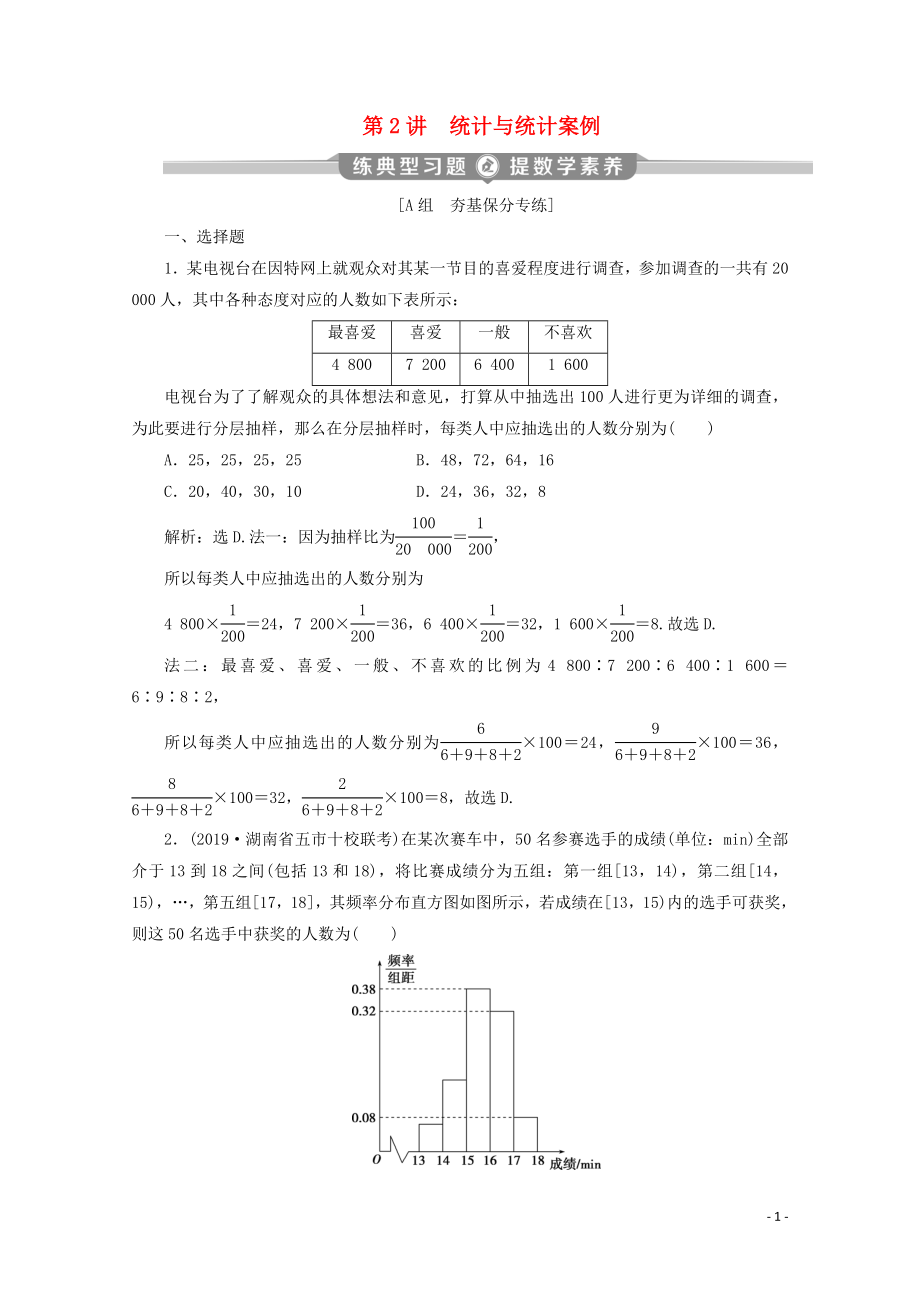 （京津魯瓊專用）2020版高考數(shù)學(xué)二輪復(fù)習(xí) 第二部分 專題四 概率與統(tǒng)計 第2講 統(tǒng)計與統(tǒng)計案例練典型習(xí)題 提數(shù)學(xué)素養(yǎng)（含解析）_第1頁