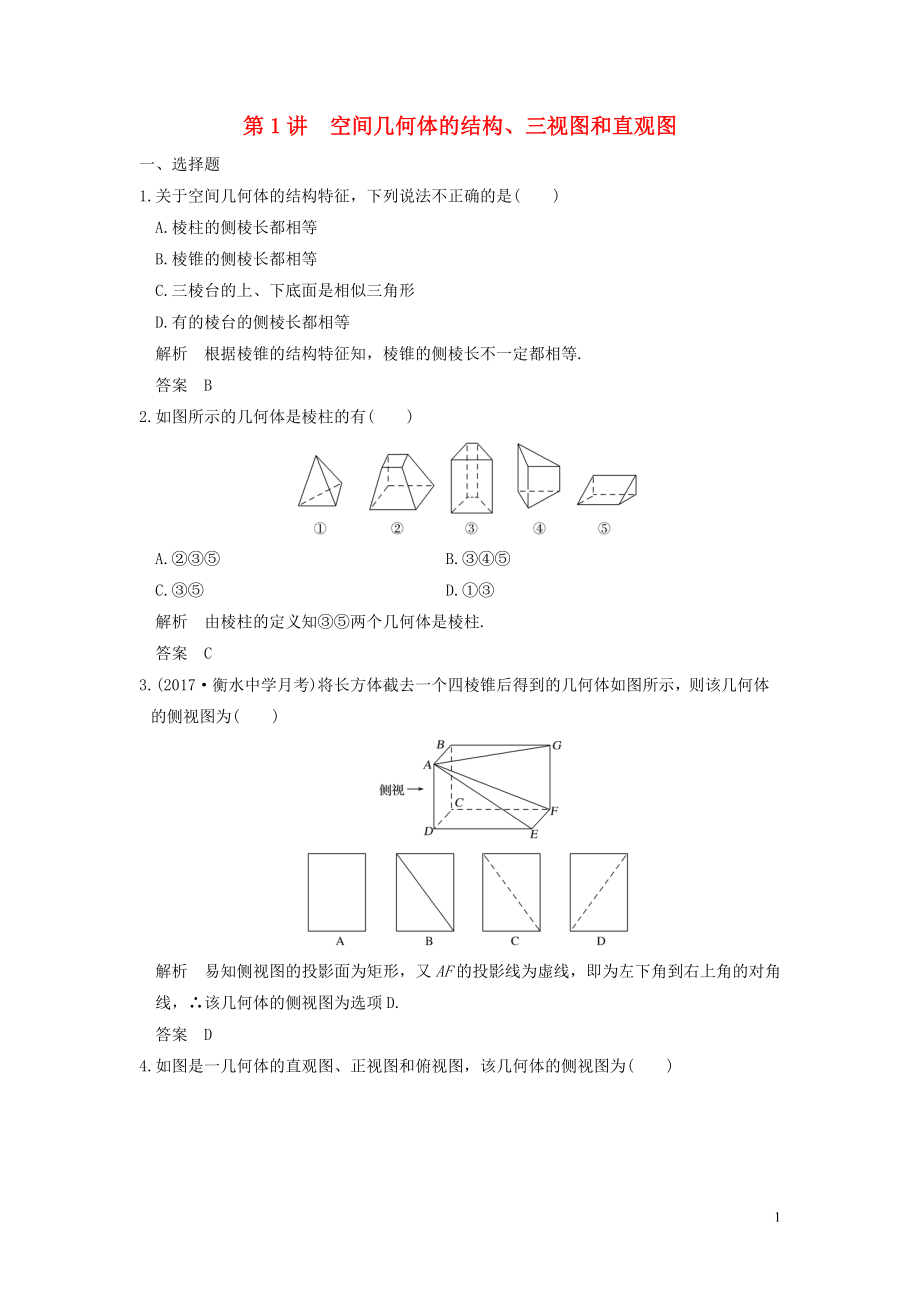 （魯京津瓊專用）2020版高考數(shù)學大一輪復習 第八章 立體幾何與空間向量 第1講 空間幾何體的結構、三視圖和直觀圖練習（含解析）_第1頁