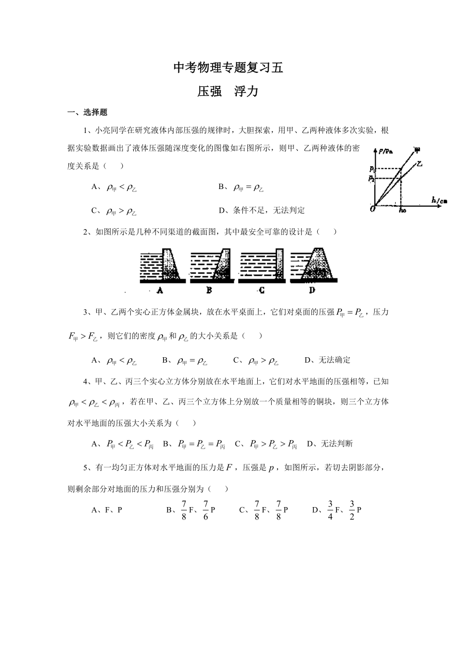 中考物理壓強(qiáng) 浮力專題測(cè)試及答案_第1頁(yè)