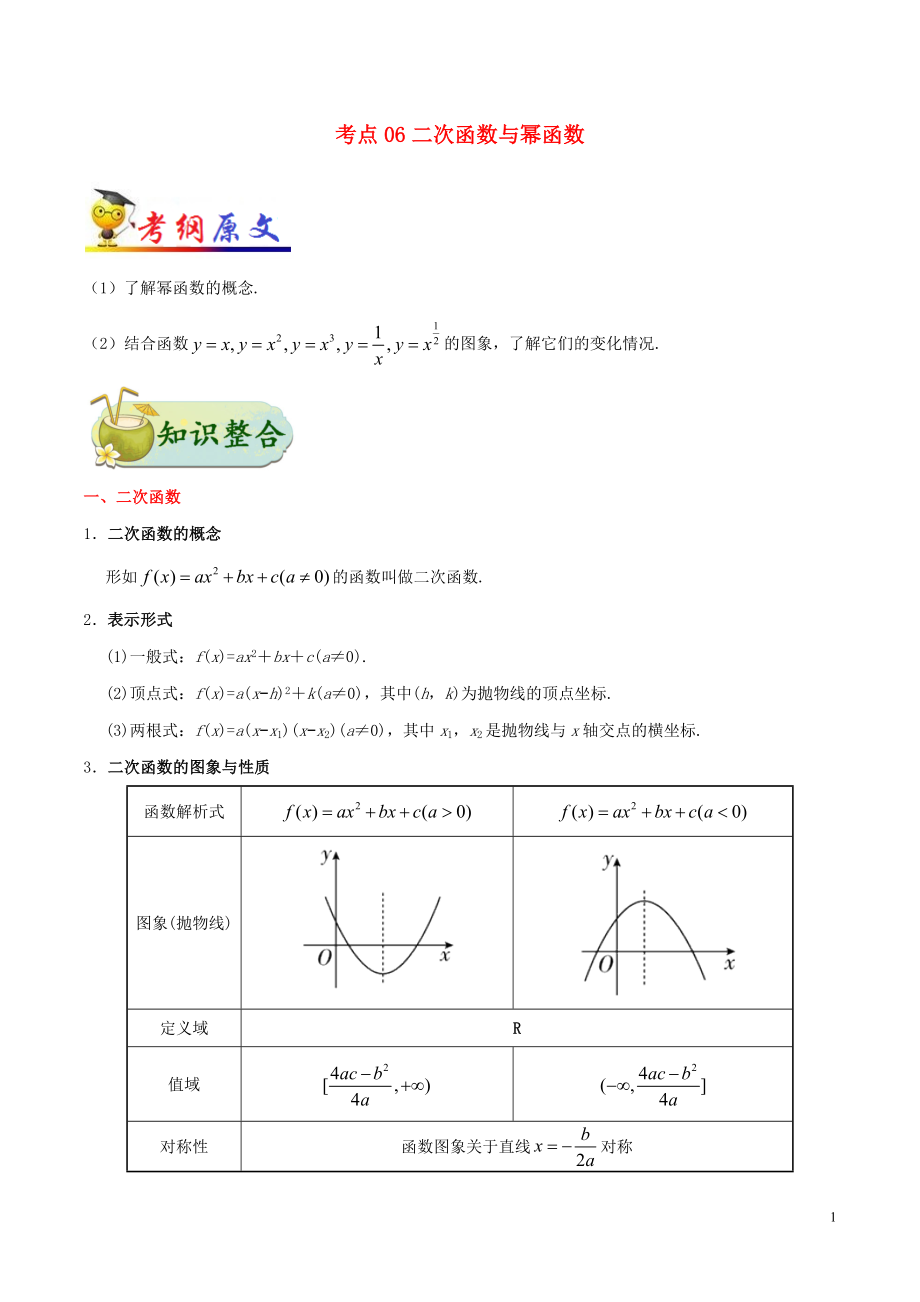 備戰(zhàn)2020年高考數(shù)學(xué) 考點(diǎn)一遍過 考點(diǎn)06 二次函數(shù)與冪函數(shù) 理（含解析）_第1頁