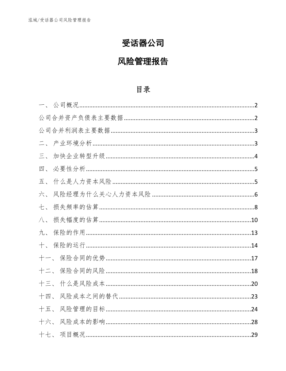 受话器公司风险管理报告【范文】_第1页