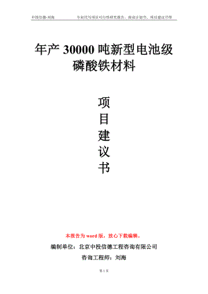 年产30000吨新型电池级磷酸铁材料项目建议书写作模板-立项申报