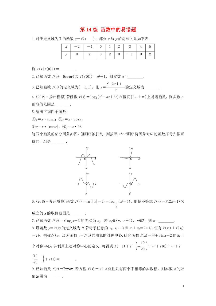 （江蘇專用）2020版高考數(shù)學(xué)一輪復(fù)習(xí) 加練半小時(shí) 專題2 函數(shù) 第14練 函數(shù)中的易錯(cuò)題 文（含解析）_第1頁(yè)