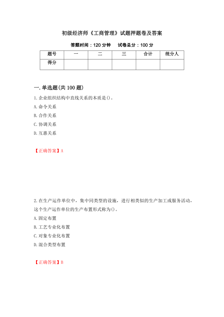 初级经济师《工商管理》试题押题卷及答案（第43卷）_第1页