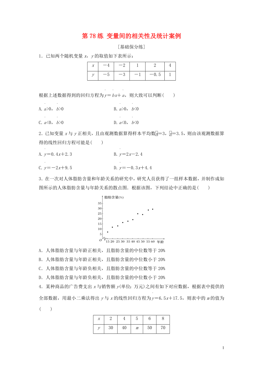 （魯京津瓊專用）2020版高考數(shù)學(xué)一輪復(fù)習(xí) 專題10 計數(shù)原理、概率與統(tǒng)計 第78練 變量間的相關(guān)性及統(tǒng)計案例練習(xí)（含解析）_第1頁