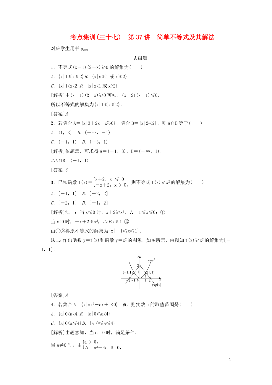 （新課標）2021版高考數(shù)學一輪總復習 考點集訓（三十七）第37講 簡單不等式及其解法 新人教A版_第1頁