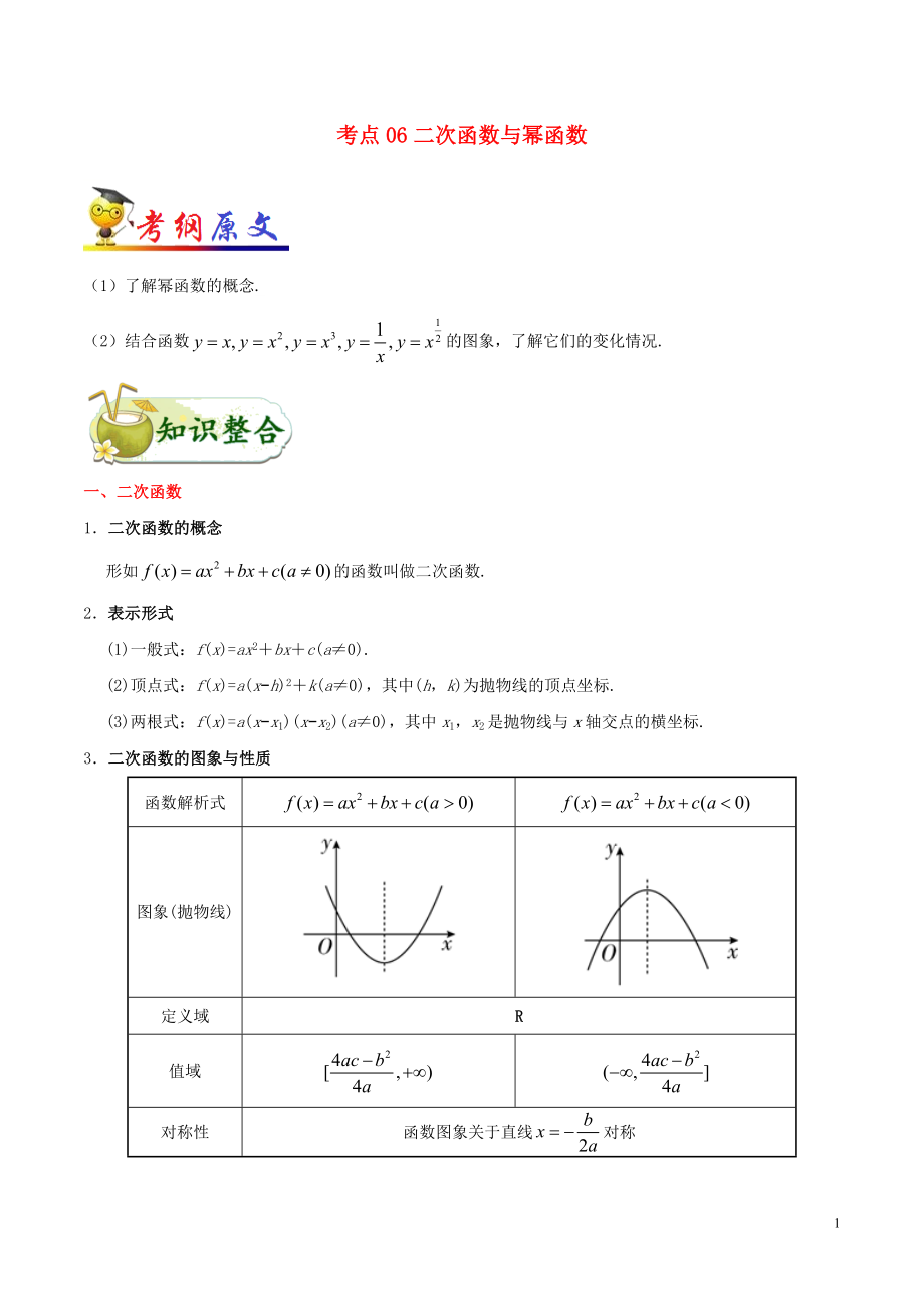 備戰(zhàn)2020年高考數(shù)學(xué) 考點(diǎn)一遍過 考點(diǎn)06 二次函數(shù)與冪函數(shù) 文（含解析）_第1頁