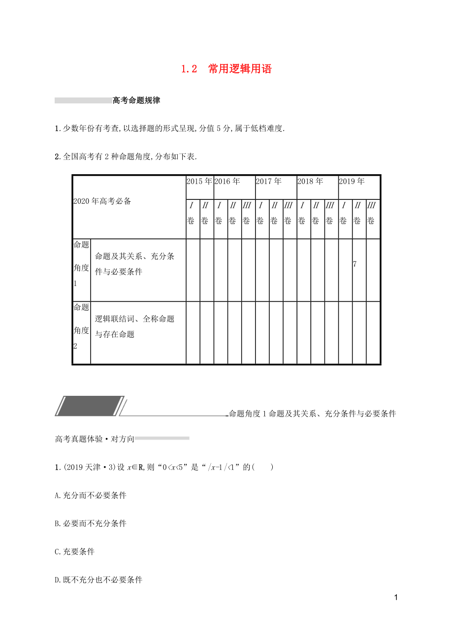 （通用版）2020版高考數(shù)學(xué)復(fù)習(xí) 專題一 高頻客觀命題點 1.2 常用邏輯用語練習(xí) 文_第1頁