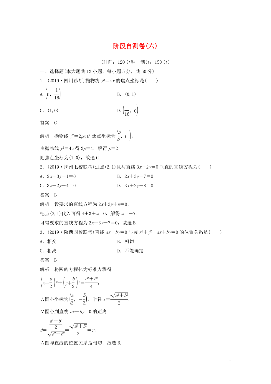 （魯京津瓊專用）2020版高考數(shù)學(xué)大一輪復(fù)習(xí) 第九章 平面解析幾何 階段自測卷（六）（含解析）_第1頁