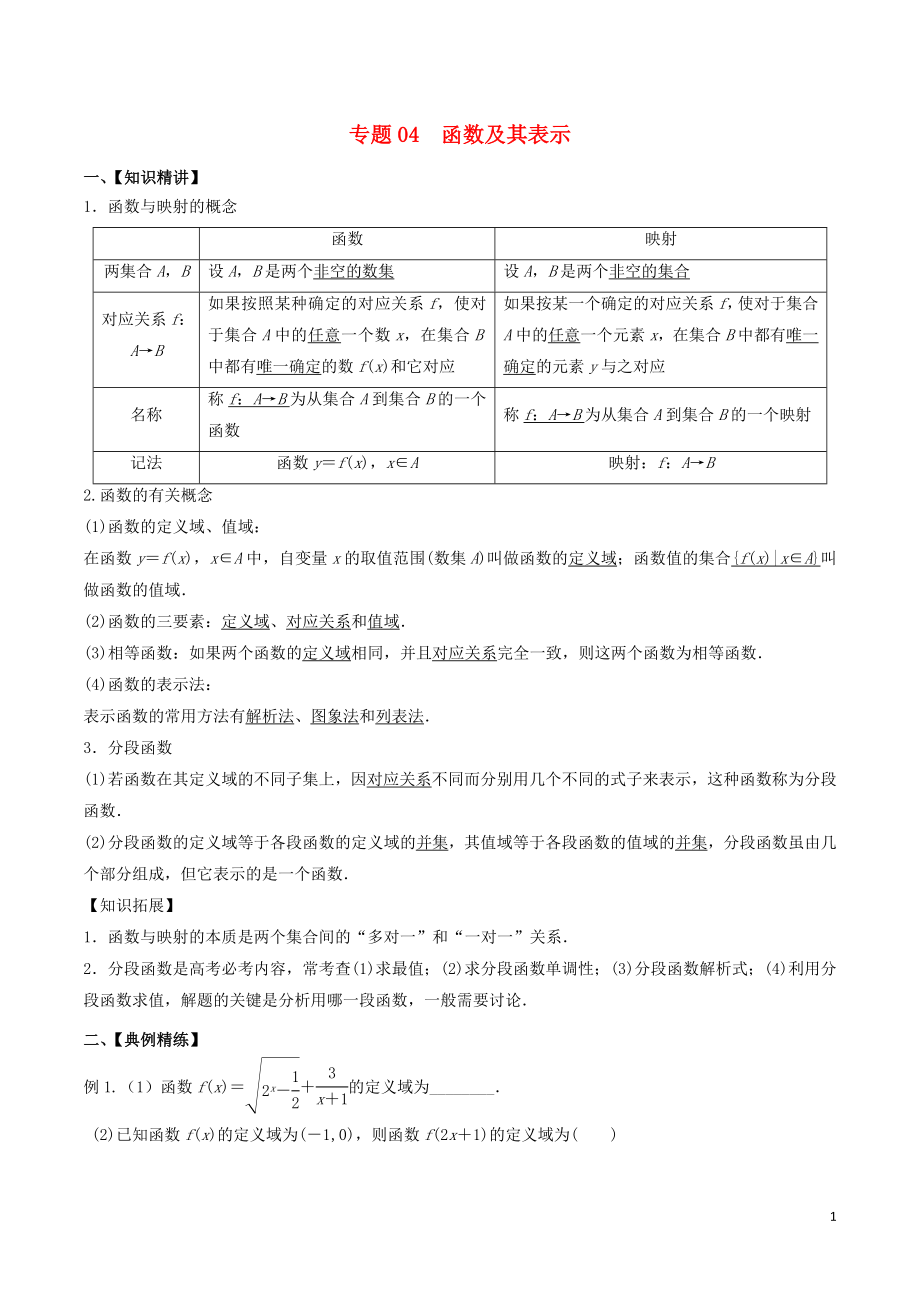 （山東專用）2020年高考數(shù)學(xué)一輪復(fù)習(xí) 專題04 函數(shù)及其表示（含解析）_第1頁