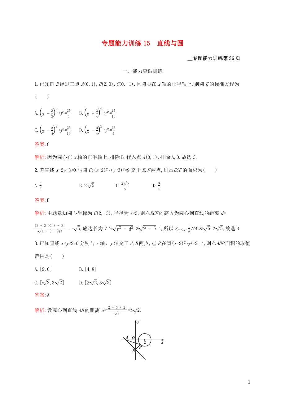 （课标专用）天津市2020高考数学二轮复习 专题能力训练15 直线与圆_第1页