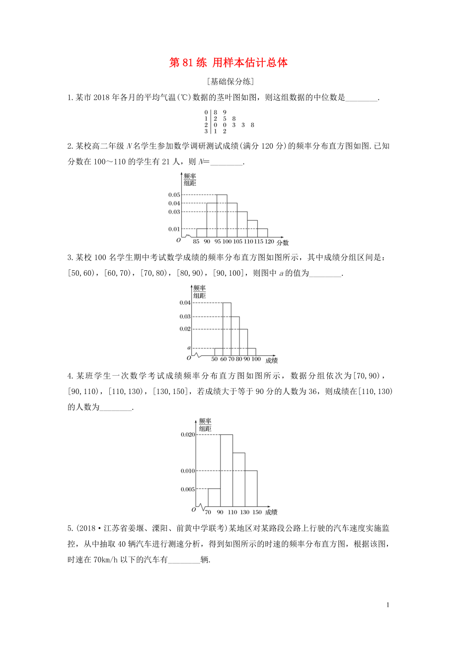 （江蘇專用）2020版高考數(shù)學(xué)一輪復(fù)習(xí) 加練半小時 專題10 算法、統(tǒng)計(jì)與概率 第81練 用樣本估計(jì)總體 文（含解析）_第1頁