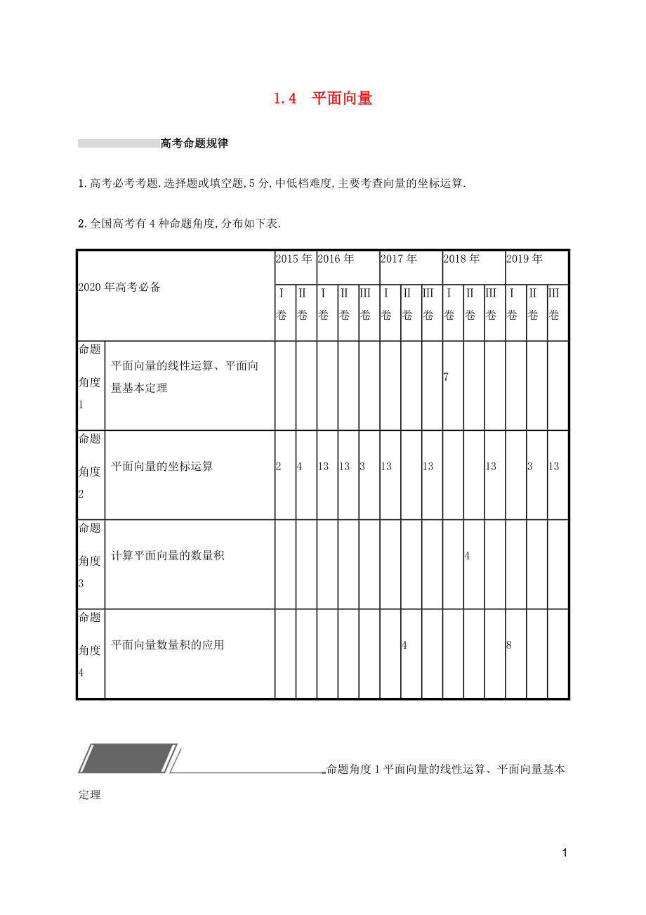 （通用版）2020版高考數學復習 專題一 高頻客觀命題點 1.4 平面向量練習 文_第1頁