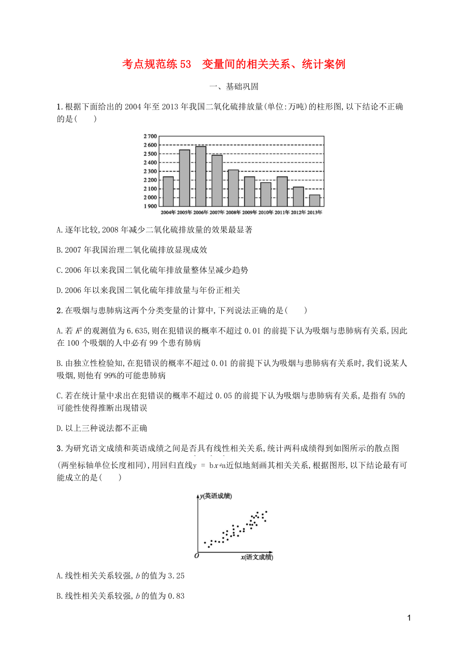 （天津?qū)Ｓ茫?020屆高考數(shù)學一輪復習 考點規(guī)范練53 變量間的相關關系、統(tǒng)計案例（含解析）新人教A版_第1頁