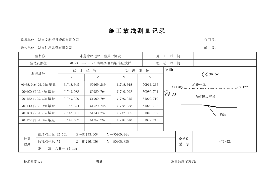 擋土墻放線測(cè)量記錄_第1頁(yè)