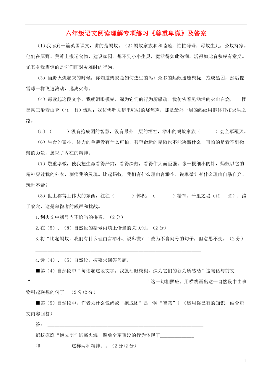 六年级语文 阅读理解专项练习 尊重卑微_第1页