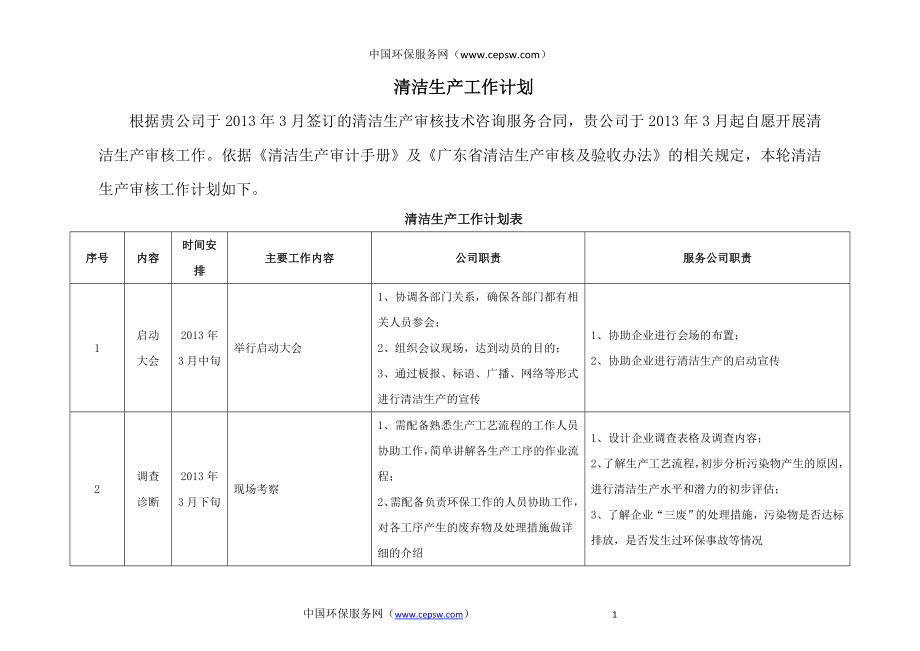 中国环保服务网-清洁生产审核工作计划表_第1页