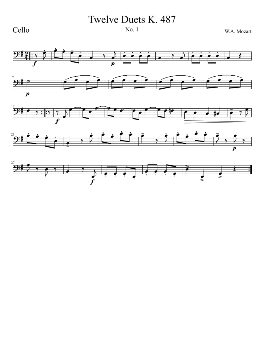TwelveDuetsK.487[Cello](莫扎特)原版正谱五线谱钢琴谱_第1页