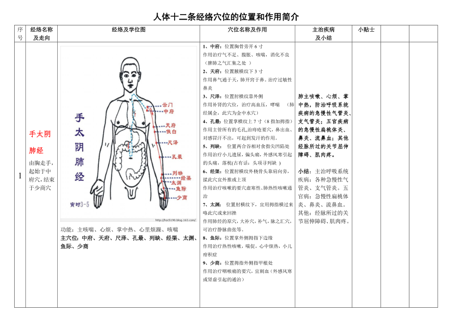 人体十二条经络穴位的位置和作用简介yxp_第1页