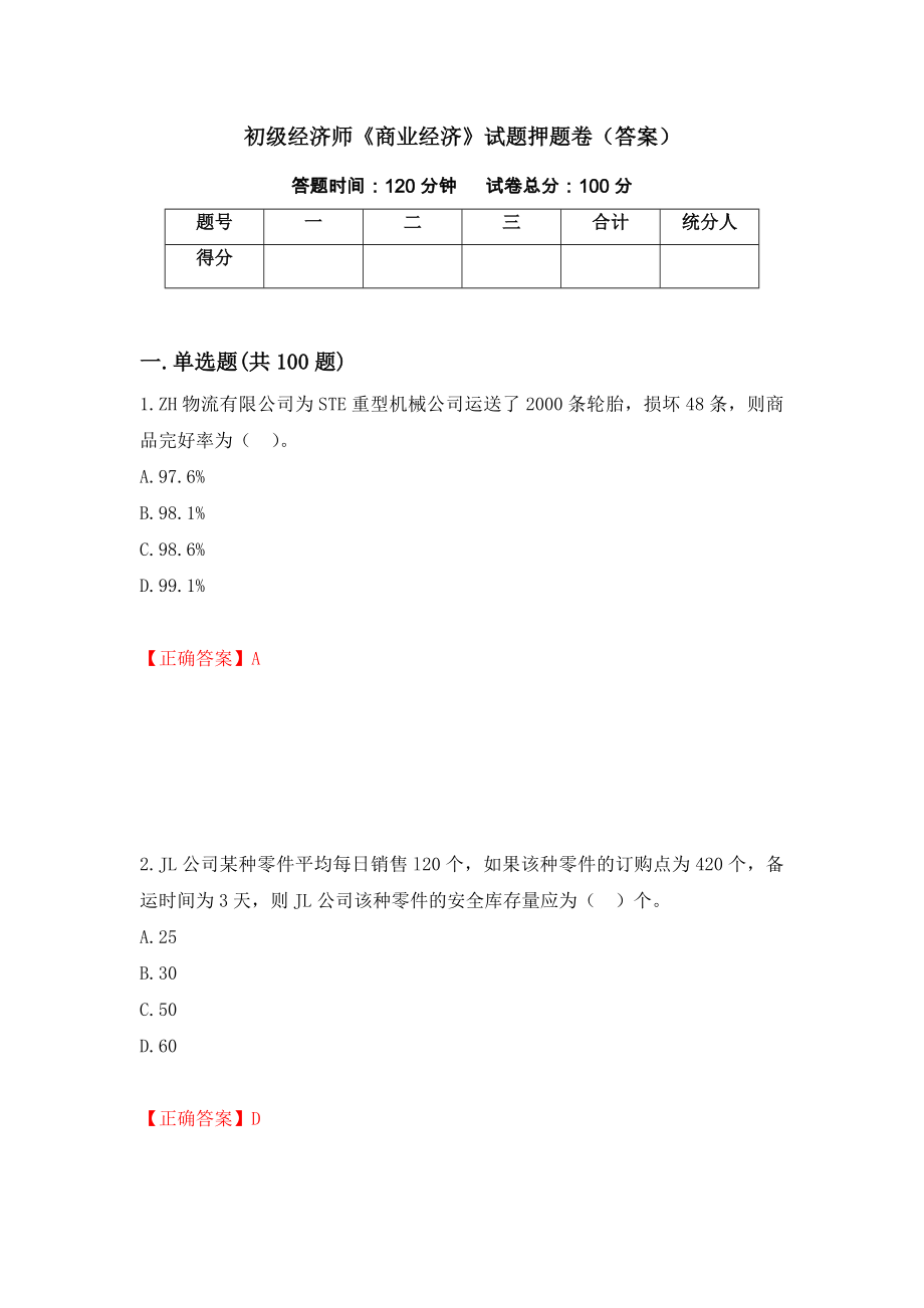 初级经济师《商业经济》试题押题卷（答案）[46]_第1页