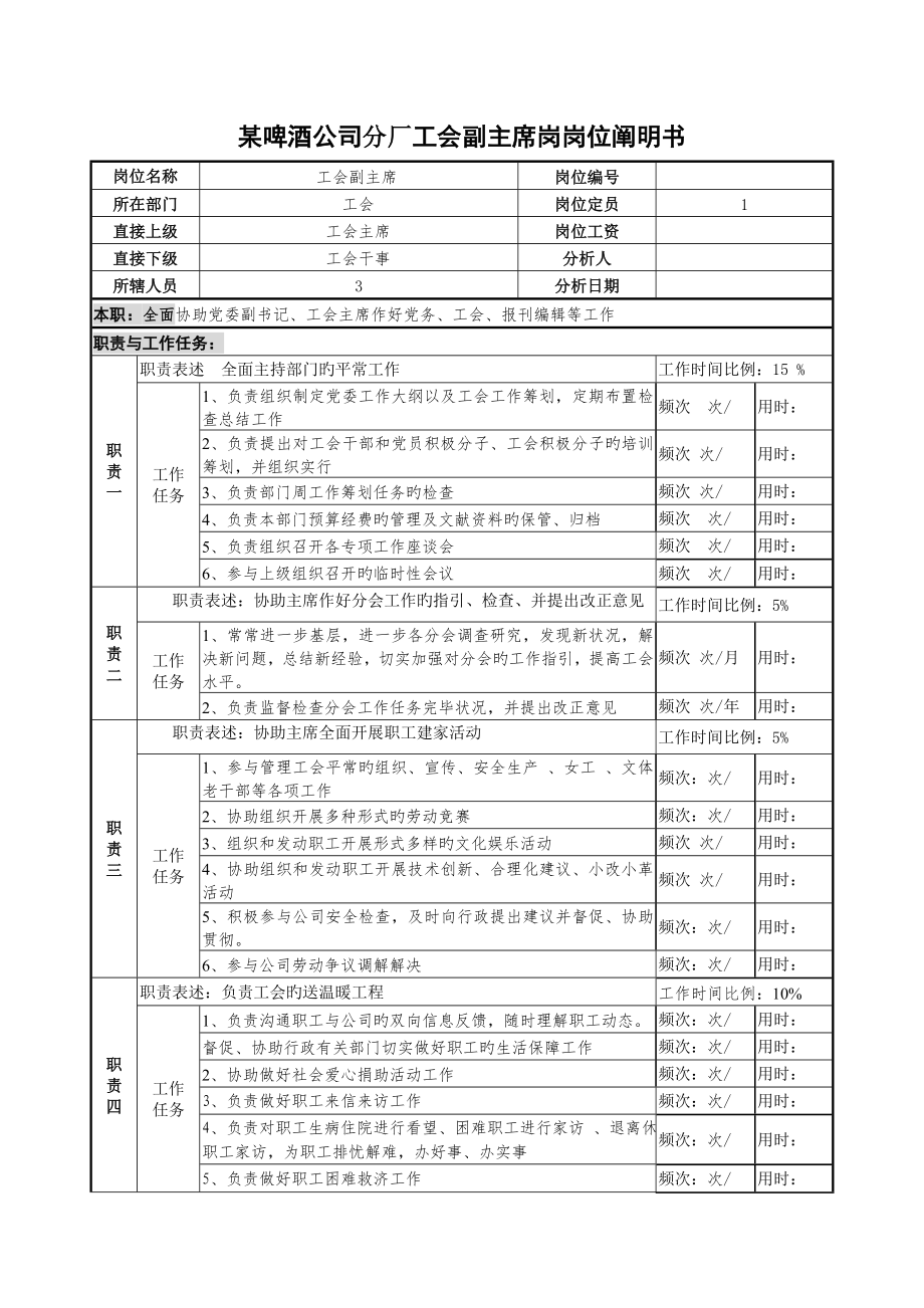 啤酒企业分厂工会副主席岗岗位专项说明书_第1页