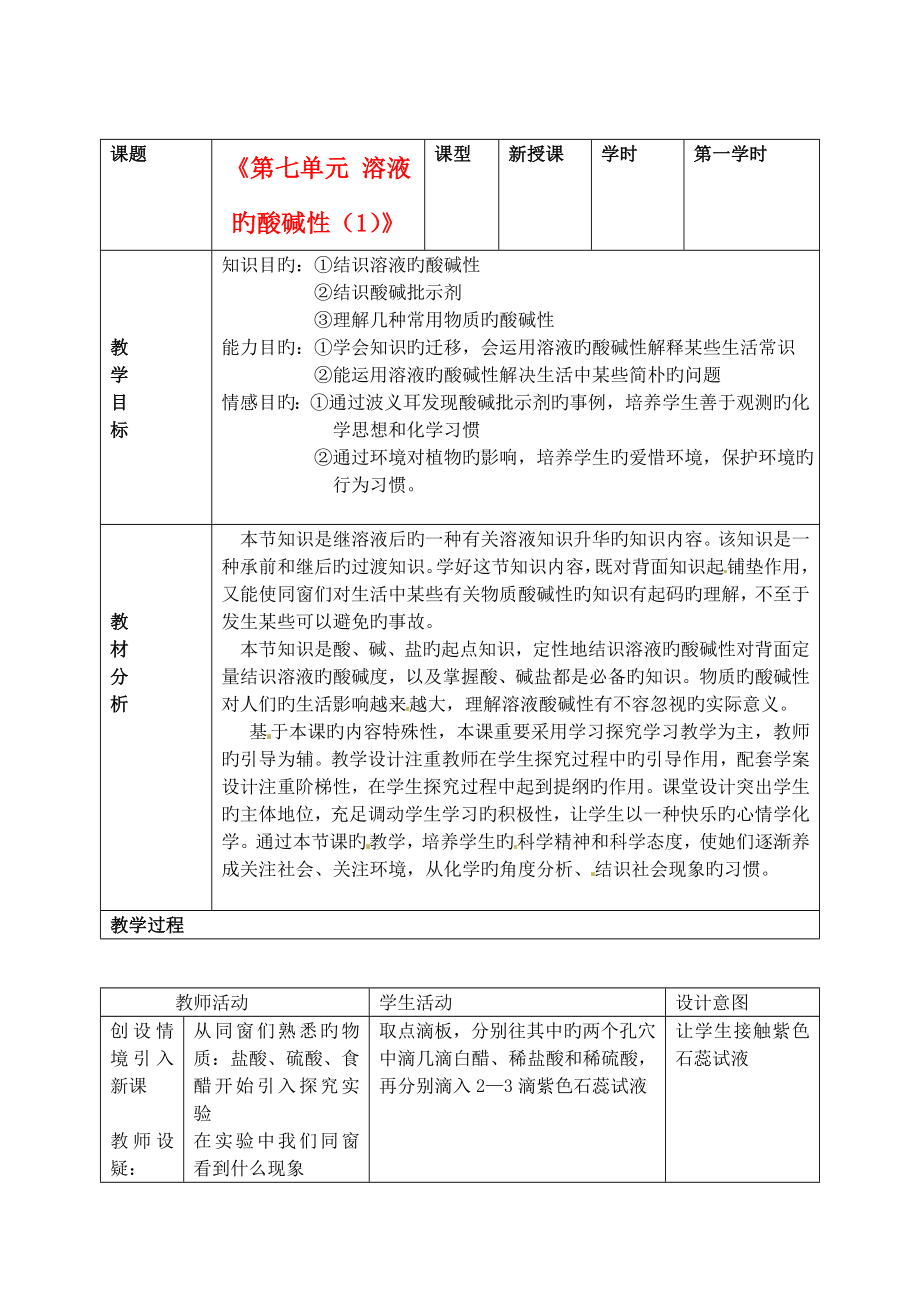 2022山东省枣庄市峄城区吴林街道中学九年级化学全册第七单元溶液的酸碱性1教案鲁教版_第1页