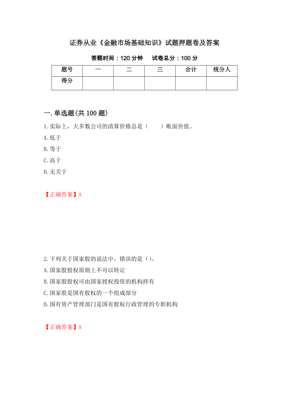 证券从业《金融市场基础知识》试题押题卷及答案（80）_第1页