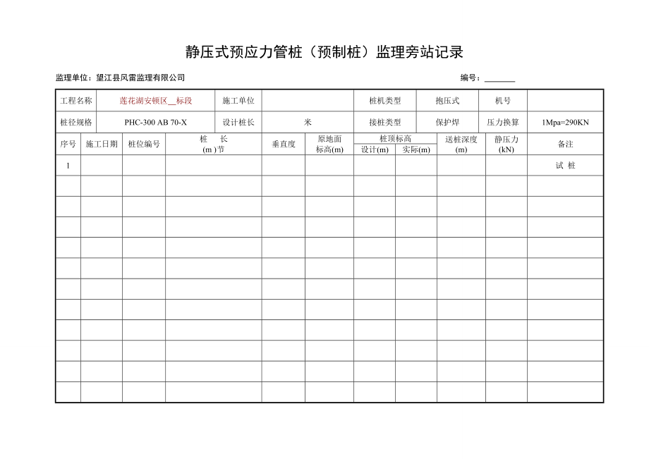 静压式预应力管桩监理旁站记录_第1页