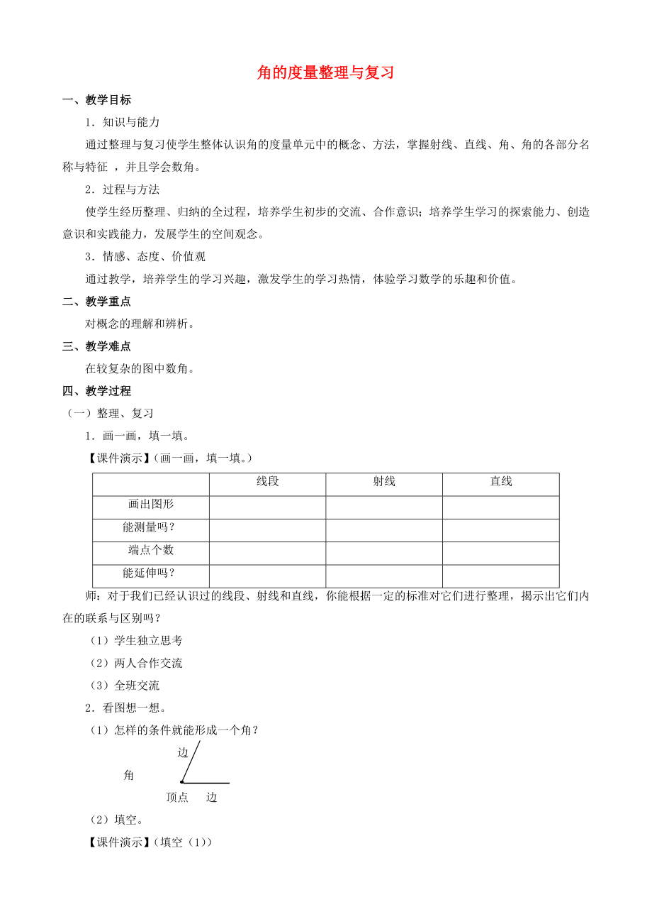 四年級數(shù)學(xué)上冊 二《角的度量整理與復(fù)習(xí)》教案 人教新課標(biāo)版_第1頁