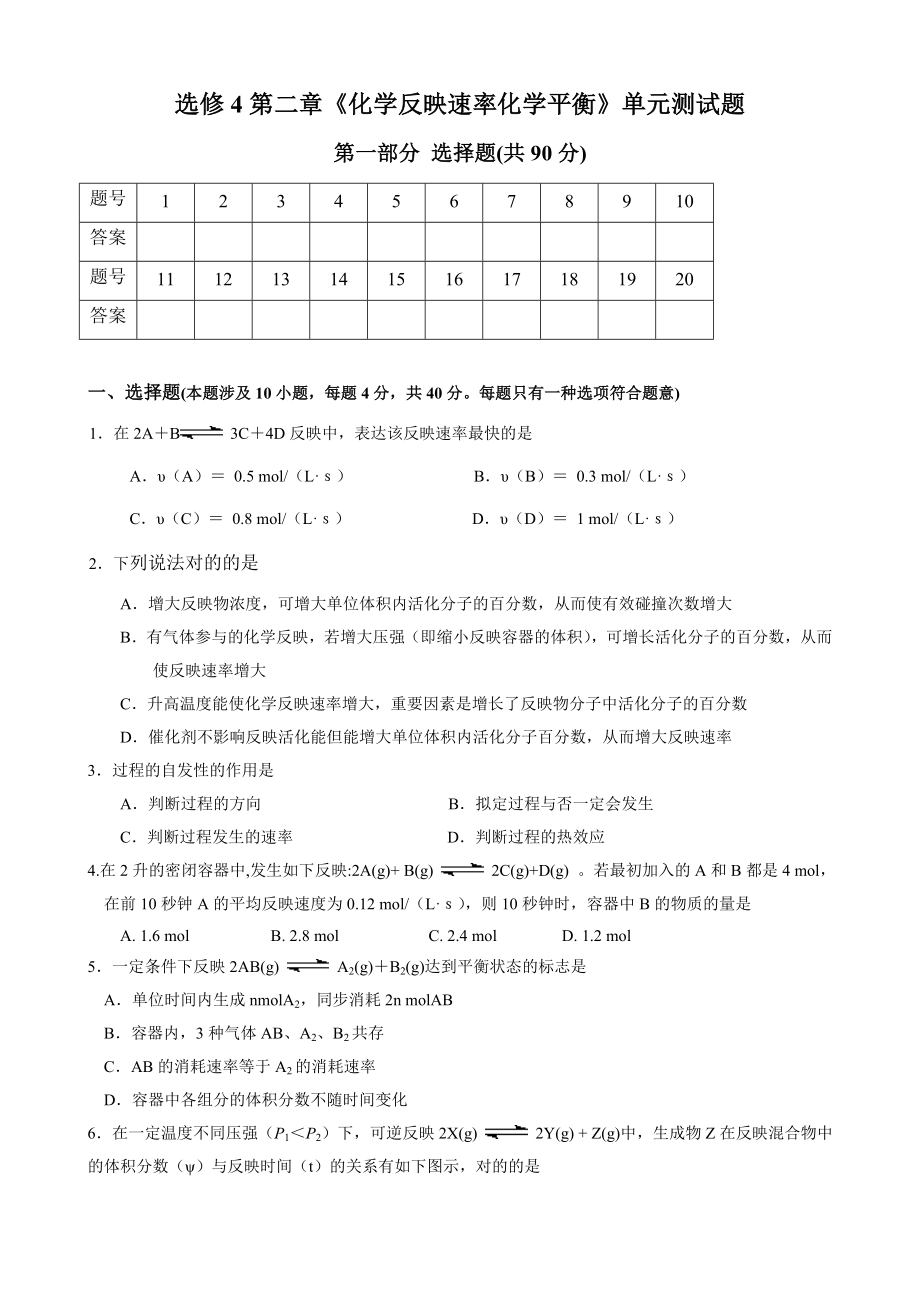 高二化學選修4《化學反應速率化學平衡》單元測試題及答案_第1頁