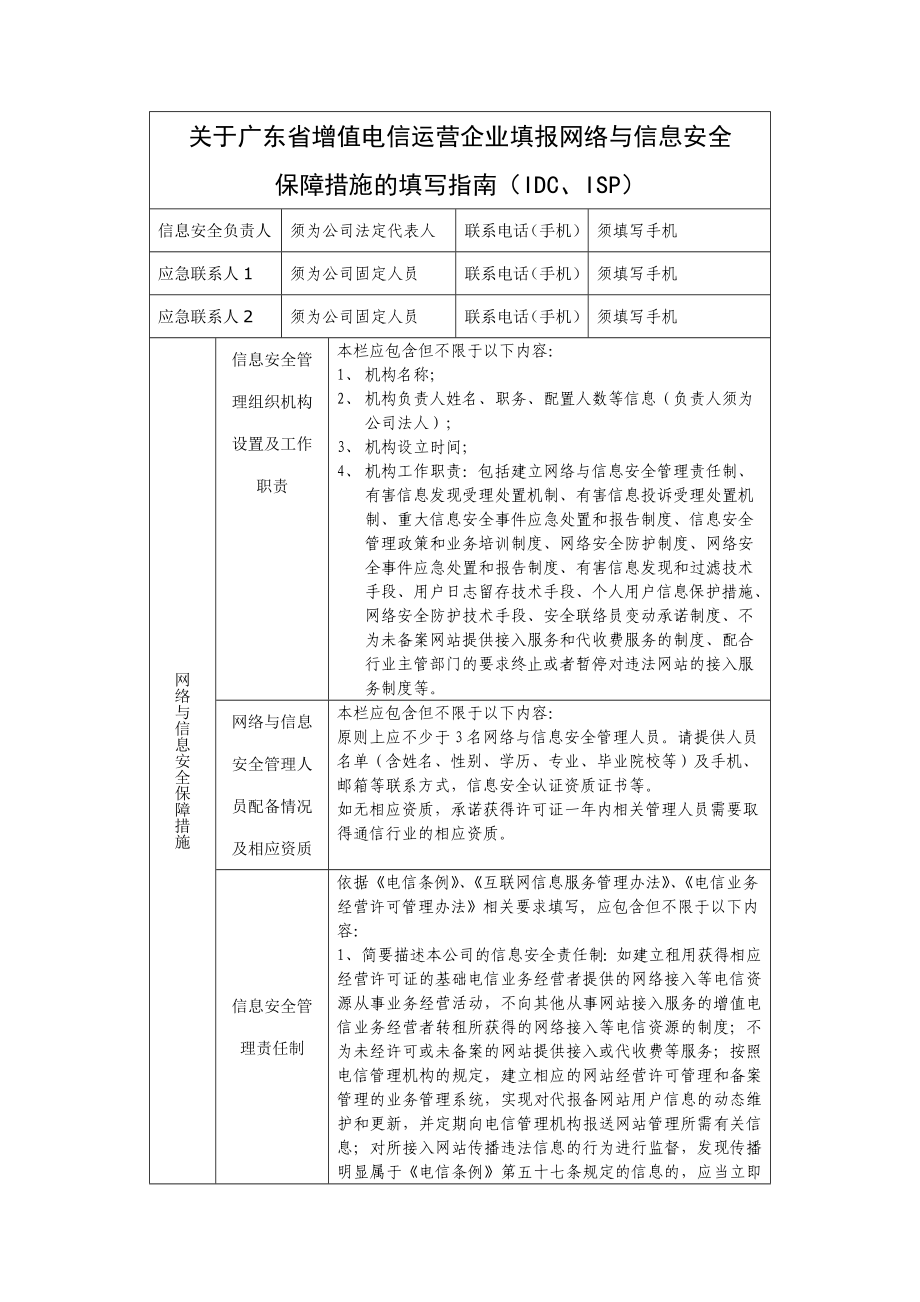 关于广东省增值电信运营企业填报网络与信息安全保障措施的填写指南IDCISP_第1页