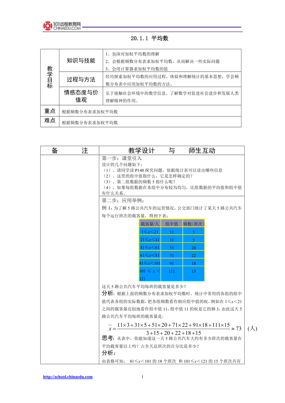 人教新课标版初中八下2011平均数(2)教案2_第1页