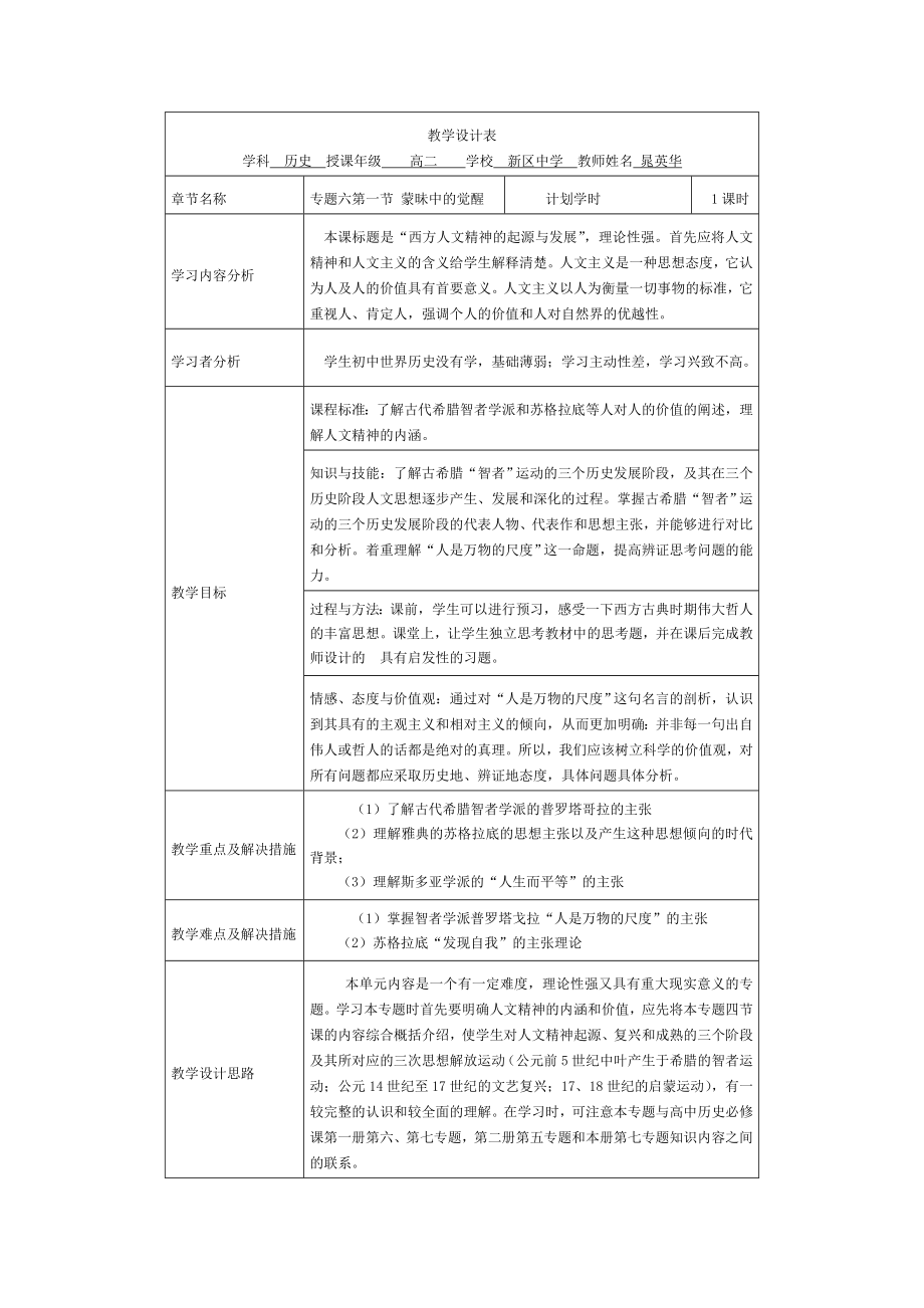 《蒙昧中的覺醒》教學設計表_第1頁