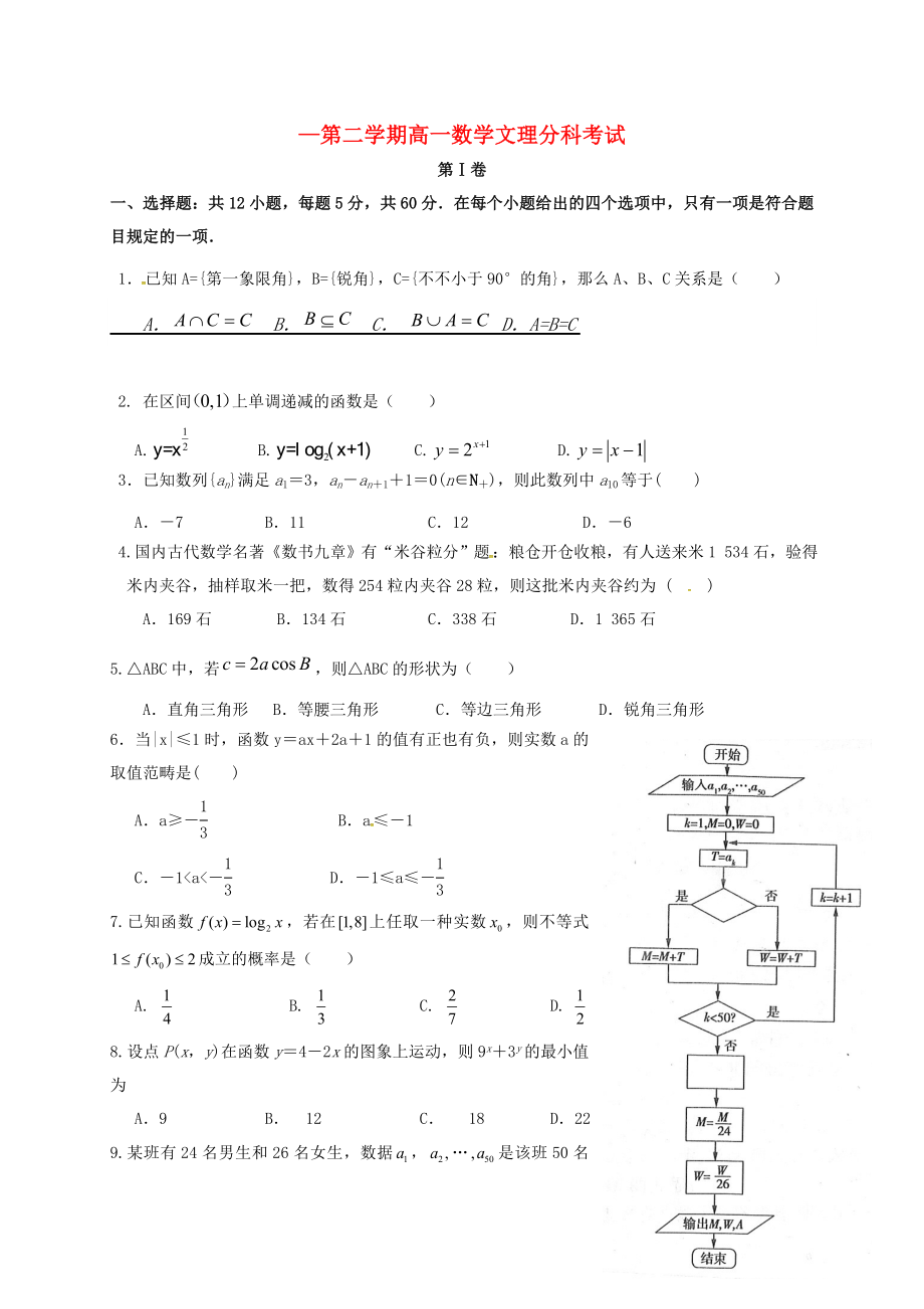 江西省南昌市高一数学文理分班考试试题_第1页